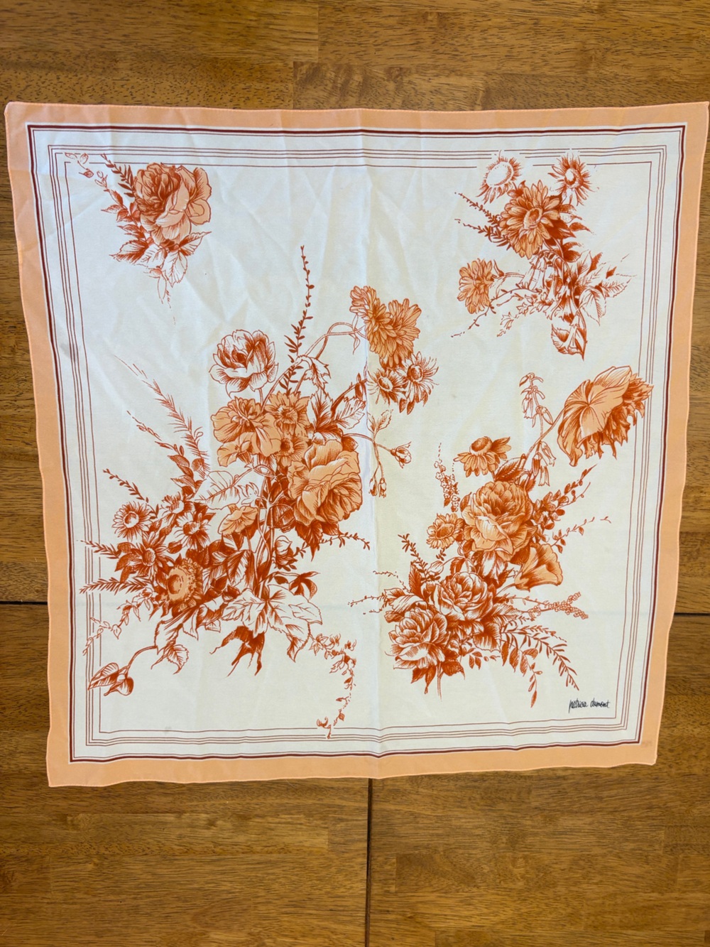 Vtg Patricia Dumont Square Scarf Floral cream Tan